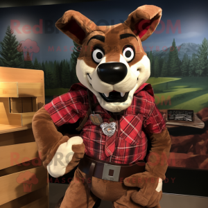 Maroon Dingo mascot costume character dressed with a Flannel Shirt and Suspenders