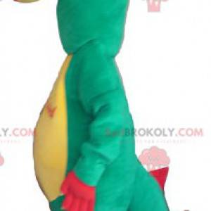 Mascotte de dinosaure vert rouge et jaune rigolo -