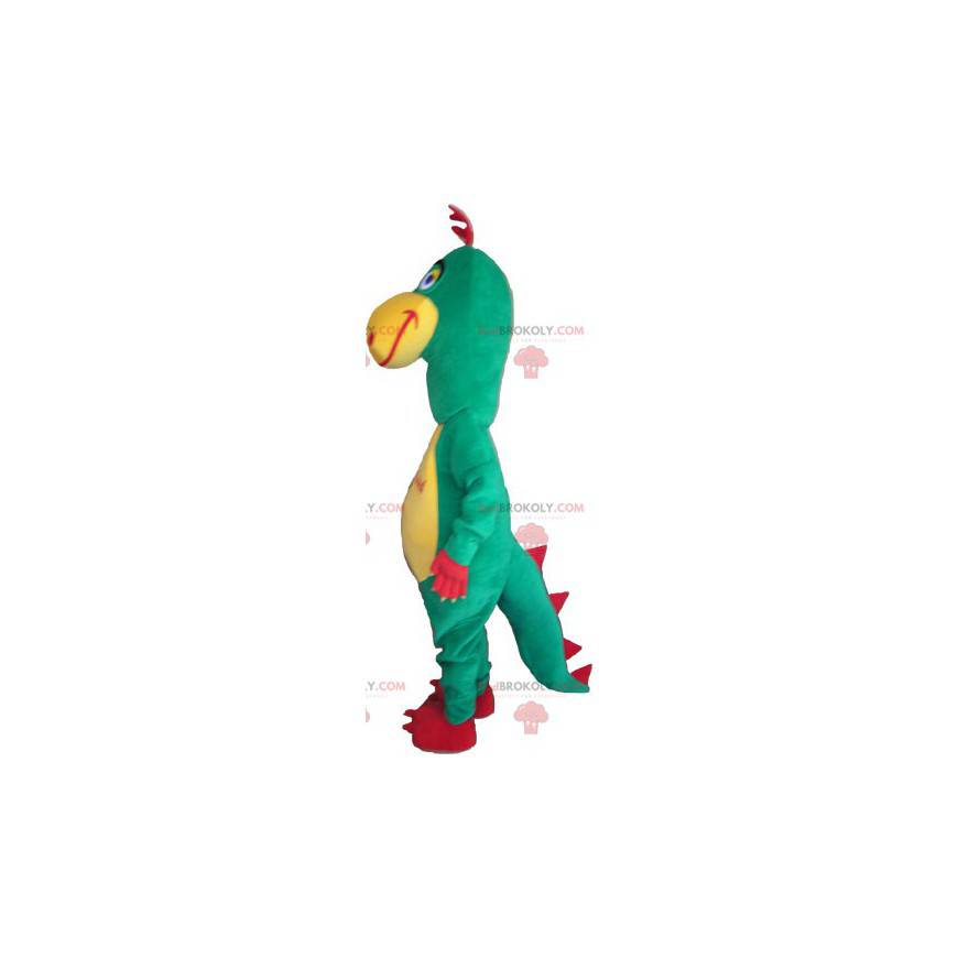Divertente mascotte dinosauro verde rosso e giallo -