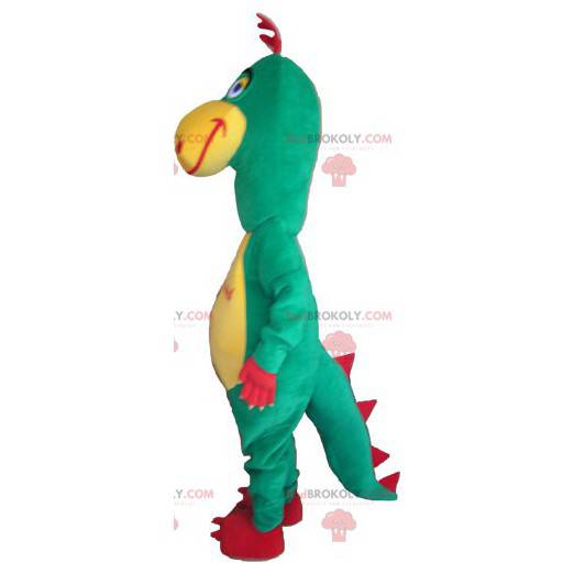 Mascotte de dinosaure vert rouge et jaune rigolo -