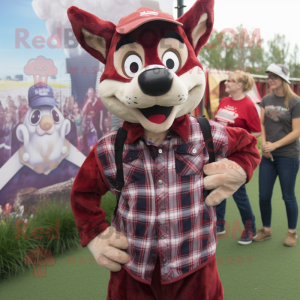 Maroon Dingo mascot costume character dressed with a Flannel Shirt and Suspenders