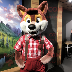 Maroon Dingo mascot costume character dressed with a Flannel Shirt and Suspenders