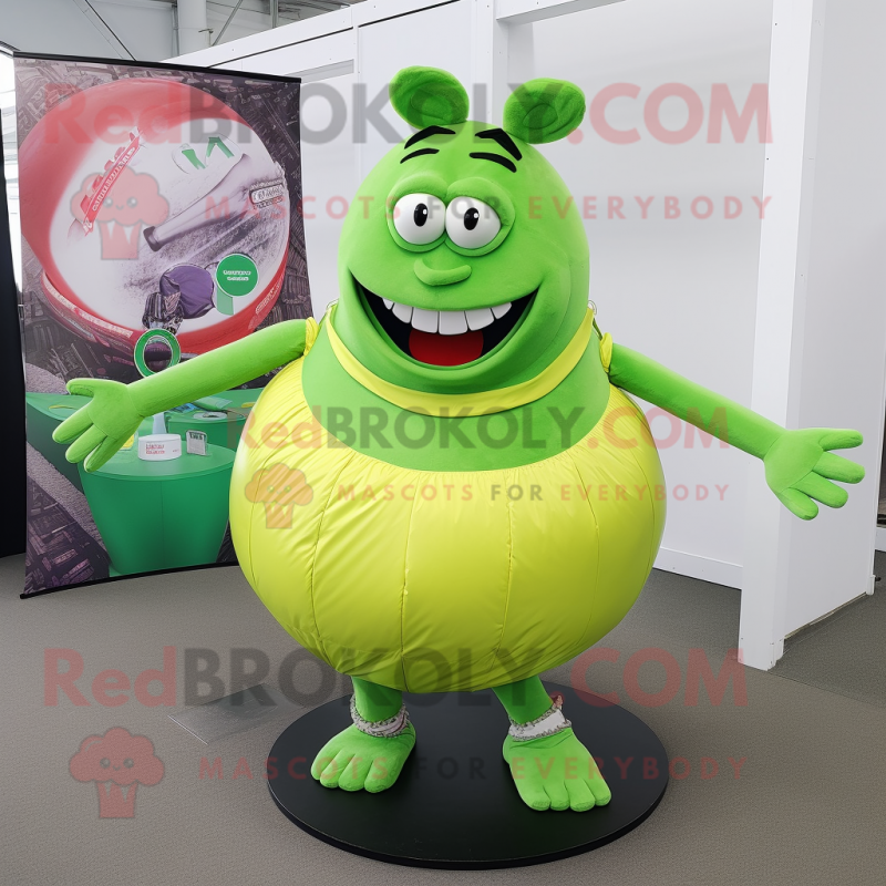 Lime Green Rugby Ball mascot costume character dressed with a A-Line Skirt and Bracelets Lime Green Rugby Ball mascot costume character dressed with a A-Line Skirt and Bracelets