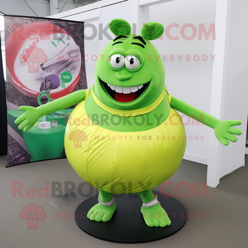 Lime Green Rugby Ball mascot costume character dressed with a A-Line Skirt and Bracelets