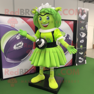 Lime Green Rugby Ball mascot costume character dressed with a A-Line Skirt and Bracelets