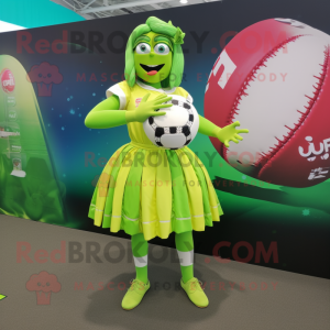 Lime Green Rugby Ball mascot costume character dressed with a A-Line Skirt and Bracelets