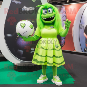 Lime Green Rugby Ball mascot costume character dressed with a A-Line Skirt and Bracelets