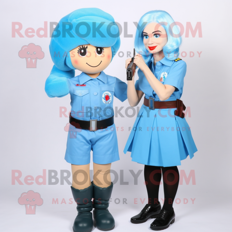 Sky Blue Para Commando mascot costume character dressed with a Pencil Skirt and Hair clips