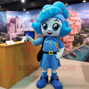 Sky Blue Para Commando mascot costume character dressed with a Pencil Skirt and Hair clips