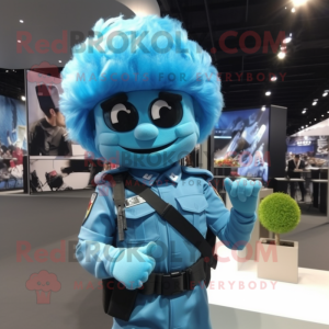 Sky Blue Para Commando mascot costume character dressed with a Pencil Skirt and Hair clips