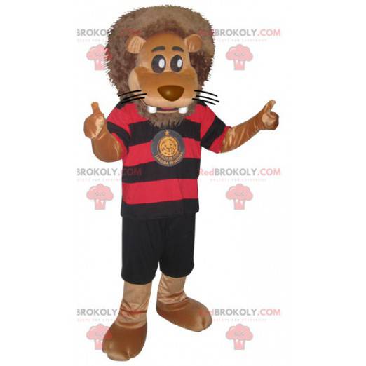 Mascotte grande leone in abbigliamento sportivo nero e rosso -