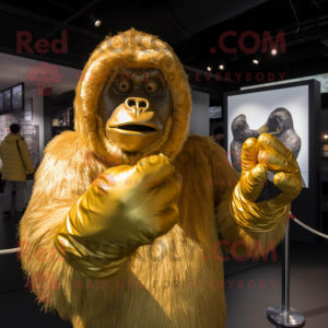 Gold Gorilla mascot costume character dressed with a Cover-up and Mittens