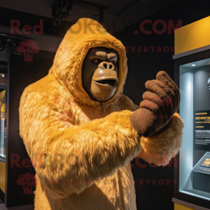 Gold Gorilla mascot costume character dressed with a Cover-up and Mittens