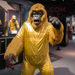 Gold Gorilla mascot costume character dressed with a Cover-up and Mittens