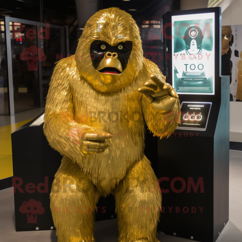 Gold Gorilla mascot costume character dressed with a Cover-up and Mittens Gold Gorilla mascot costume character dressed with a Cover-up and Mittens