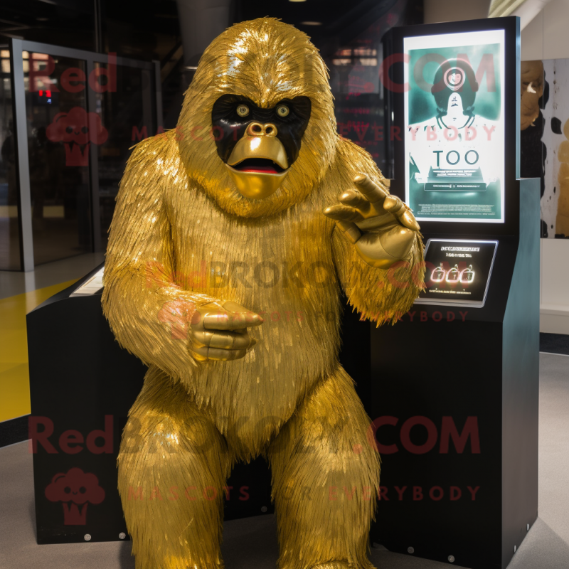 Gold Gorilla mascot costume character dressed with a Cover-up and Mittens