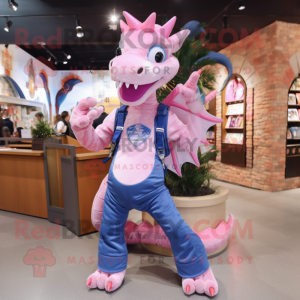 Pink Dragon mascot costume character dressed with a Jeans and Suspenders