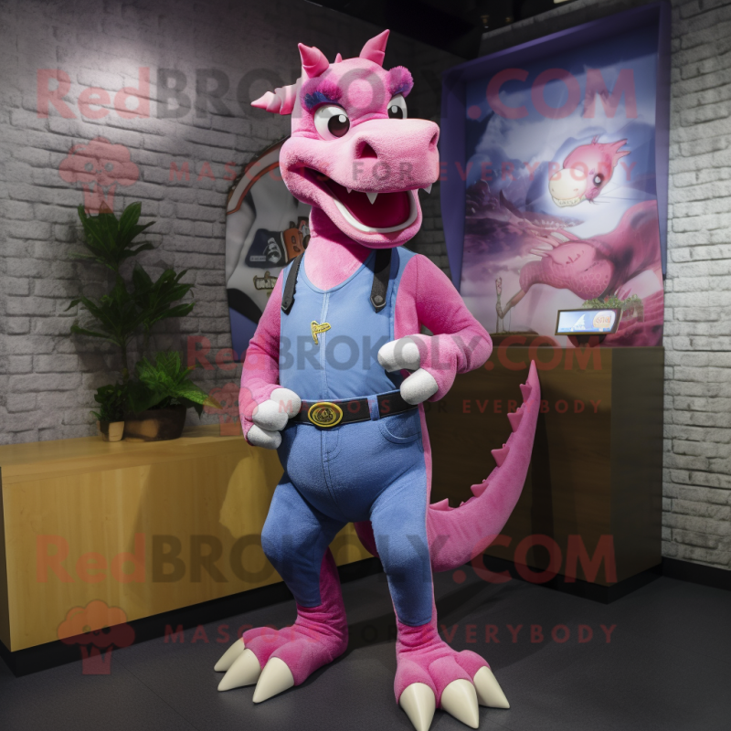 Pink Dragon mascot costume character dressed with a Jeans and Suspenders Pink Dragon mascot costume character dressed with a Jeans and Suspenders