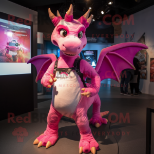 Pink Dragon mascot costume character dressed with a Jeans and Suspenders