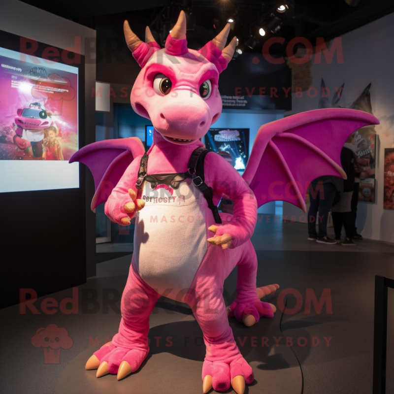 Pink Dragon mascot costume character dressed with a Jeans and Suspenders Pink Dragon mascot costume character dressed with a Jeans and Suspenders