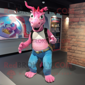 Pink Dragon mascot costume character dressed with a Jeans and Suspenders