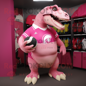 Pink Iguanodon mascot costume character dressed with a Rugby Shirt and Backpacks