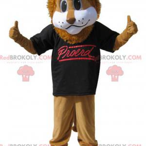 Braunes Löwenmaskottchen mit einem schwarzen T-Shirt -