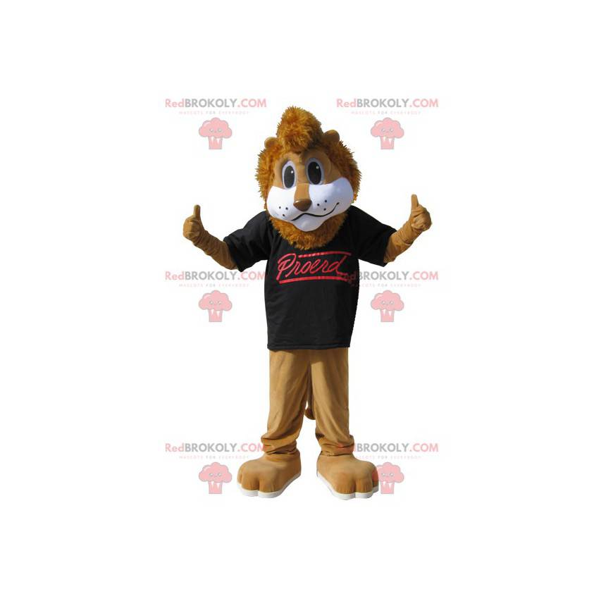 Leão mascote marrom com camiseta preta - Redbrokoly.com