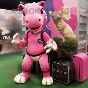 Pink Iguanodon mascot costume character dressed with a Rugby Shirt and Backpacks