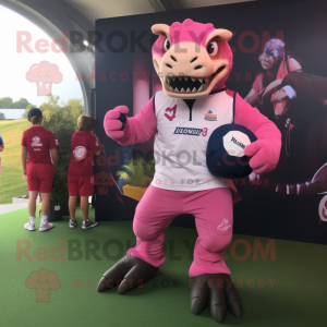 Pink Iguanodon mascot costume character dressed with a Rugby Shirt and Backpacks