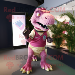 Pink Iguanodon mascot costume character dressed with a Rugby Shirt and Backpacks