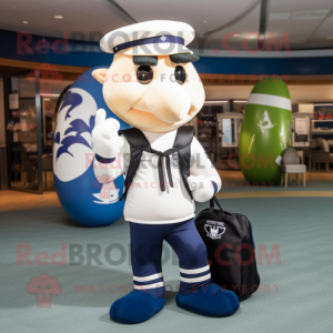 Navy American Soldier mascot costume character dressed with a Yoga Pants and Messenger bags