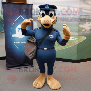 Navy American Soldier mascot costume character dressed with a Yoga Pants and Messenger bags