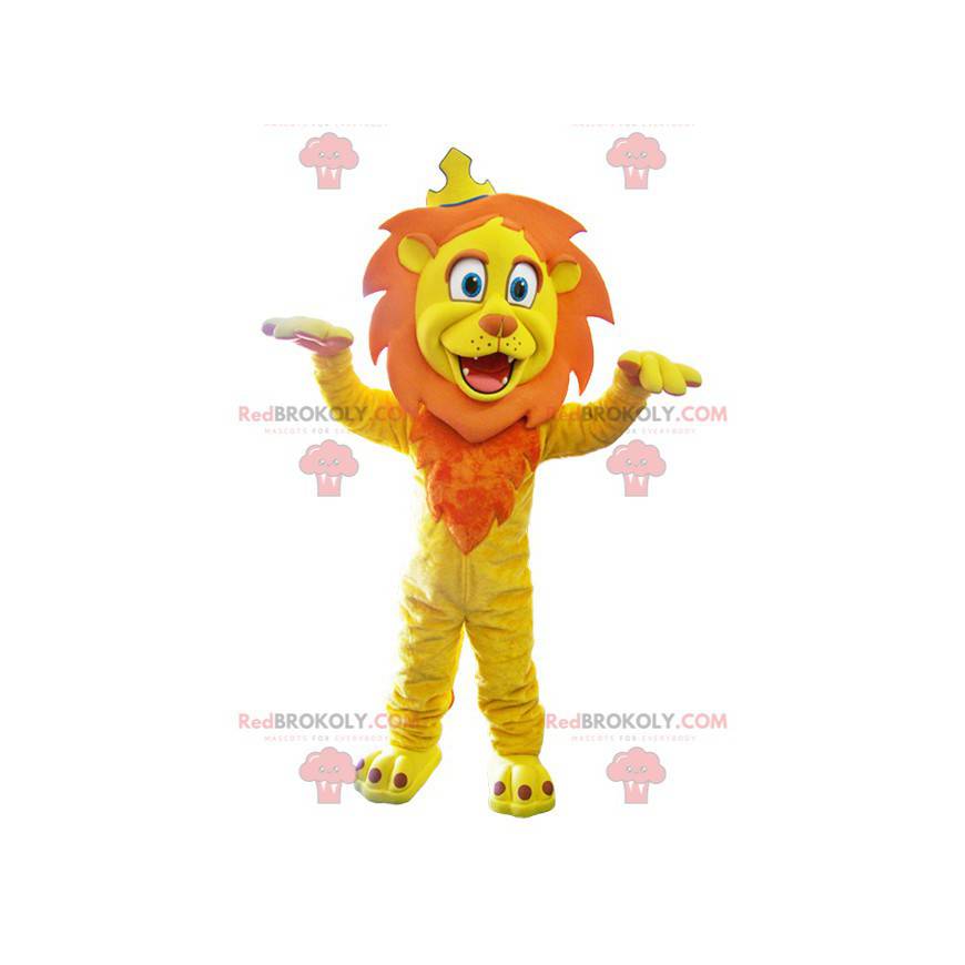 Gelbes und orange Löwenmaskottchen mit einer Krone -