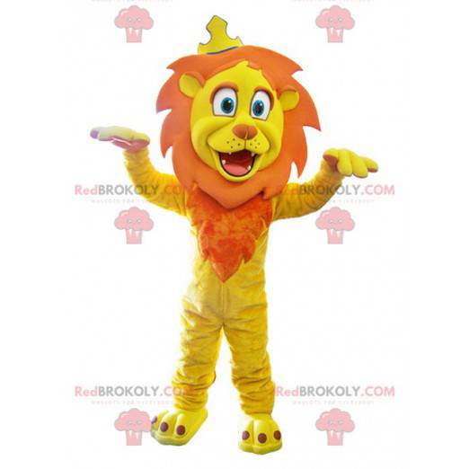 Gelbes und orange Löwenmaskottchen mit einer Krone -