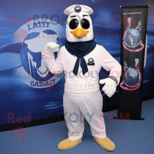 Navy American Soldier mascot costume character dressed with a Yoga Pants and Messenger bags