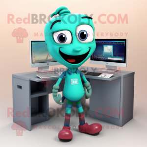 Teal Computer mascot costume character dressed with a Dress and Suspenders