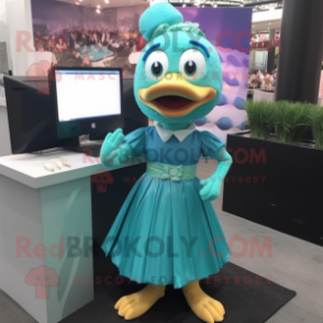 Teal Computer mascot costume character dressed with a Dress and Suspenders