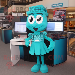 Teal Computer mascot costume character dressed with a Dress and Suspenders