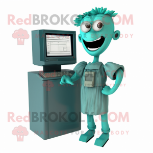 Teal Computer mascot costume character dressed with a Dress and Suspenders