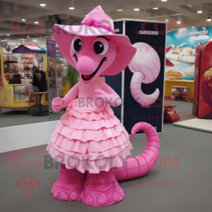 Pink Seahorse mascot costume character dressed with a Pleated Skirt and Hats