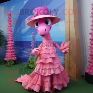 Pink Seahorse mascot costume character dressed with a Pleated Skirt and Hats