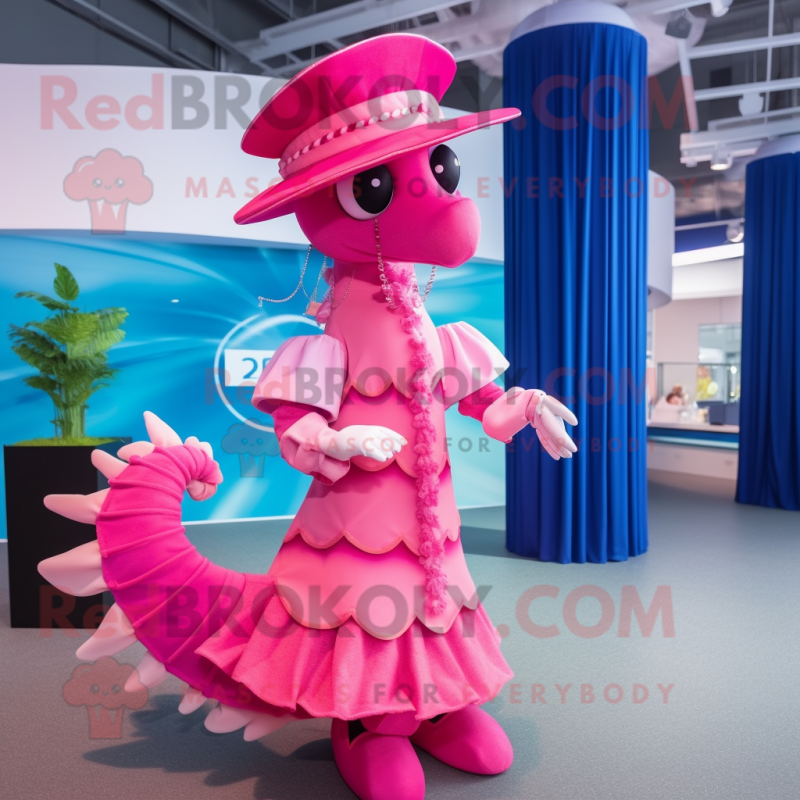 Pink Seahorse mascot costume character dressed with a Pleated Skirt and Hats