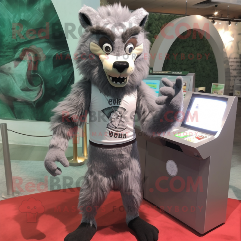 Silver Werewolf mascot costume character dressed with a V-Neck Tee and Wallets