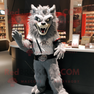 Silver Werewolf mascot costume character dressed with a V-Neck Tee and Wallets