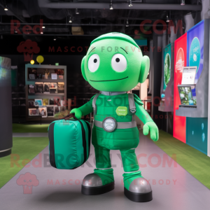 Green Astronaut mascot costume character dressed with a Flannel Shirt and Tote bags
