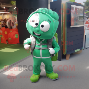 Green Astronaut mascot costume character dressed with a Flannel Shirt and Tote bags