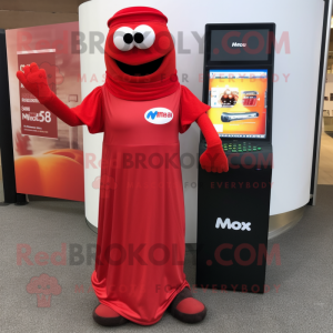 Red Moussaka mascot costume character dressed with a Maxi Dress and Digital watches