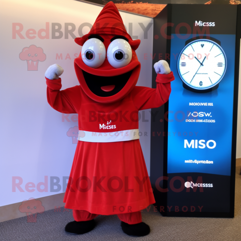 Red Moussaka mascot costume character dressed with a Maxi Dress and Digital watches