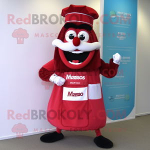 Red Moussaka mascot costume character dressed with a Maxi Dress and Digital watches